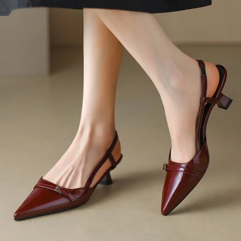 

2024 New Summer Women's Dress Shoes Patent Leather Slip on Pointed Toe Sandals Buckle Slingbacks Mid Heels Pumps Sandalias Mujer