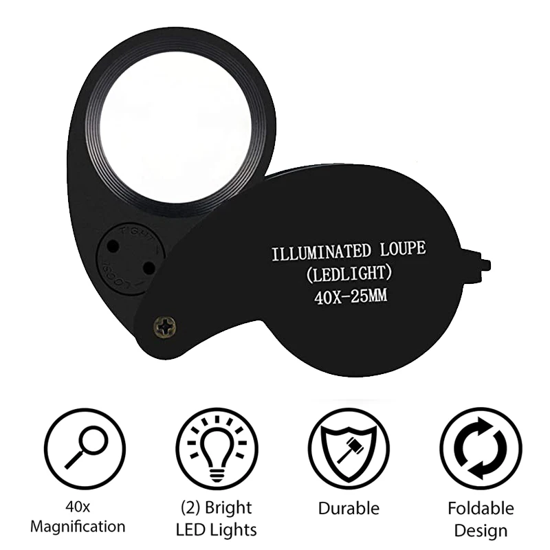 Imagem -02 - Jóias Iluminadas Lupa Led Lupa Dobrável Lente Diâmetro 25 mm Lupa de Bolso para Jade Apreciação 40x