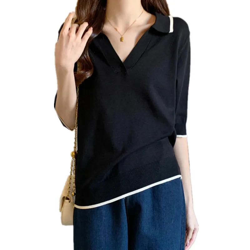 الكورية Sle فضفاض التخسيس Ne ort Sve تي شيرت محبوك المرأة الصيف جديد كبير الحجم تنوعا تنفس V-Ne