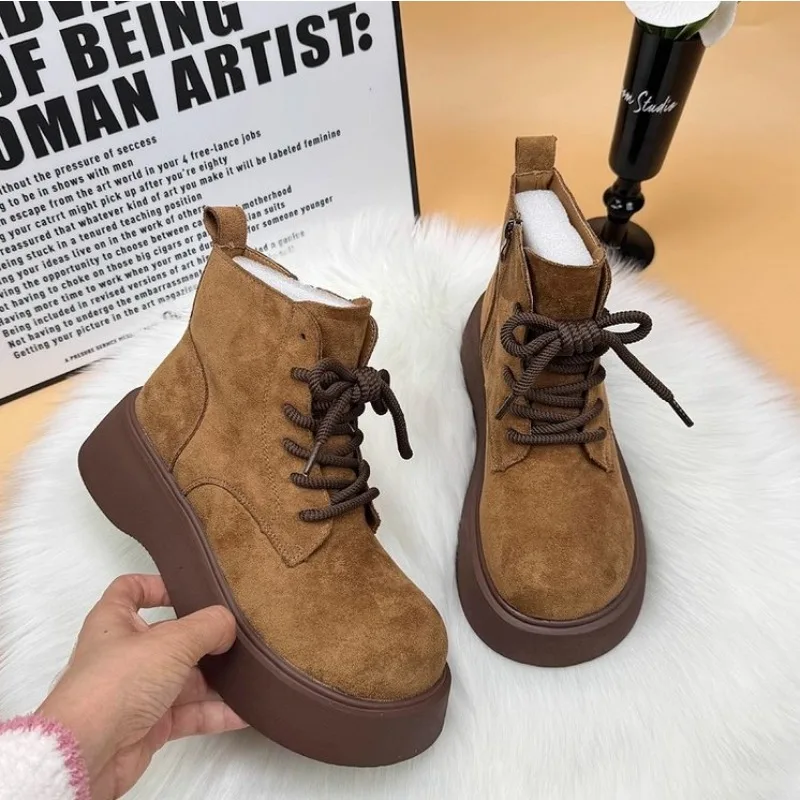 Bottines chaudes doublées en polaire pour femmes, à lacets, avec fermeture éclair latérale, semelle épaisse et compensée, bottes d'hiver décontractées rétro pour femmes