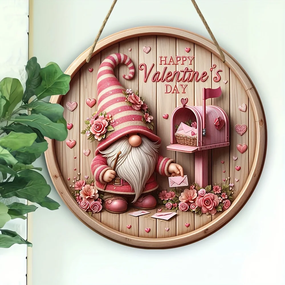 1 piece, Valentine's Day themed sign, gnome sign, round wooden sign (7.9 inches x 7.9 inches), wreath center decorative sign