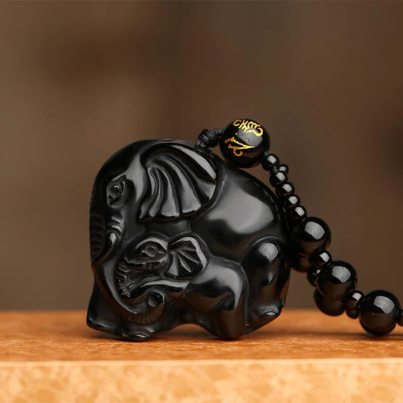 Natural Black Obsidian Hand Carved Cute Elephant Lucky Pendant Beads Necklace