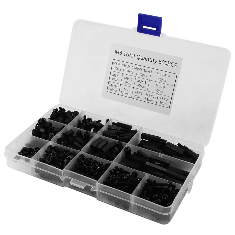 Conjunto completo de espaçadores de nylon THIVN de 600 unidades - parafusos de impasse masculinos e femininos M3 para fixações de placas de circuito;