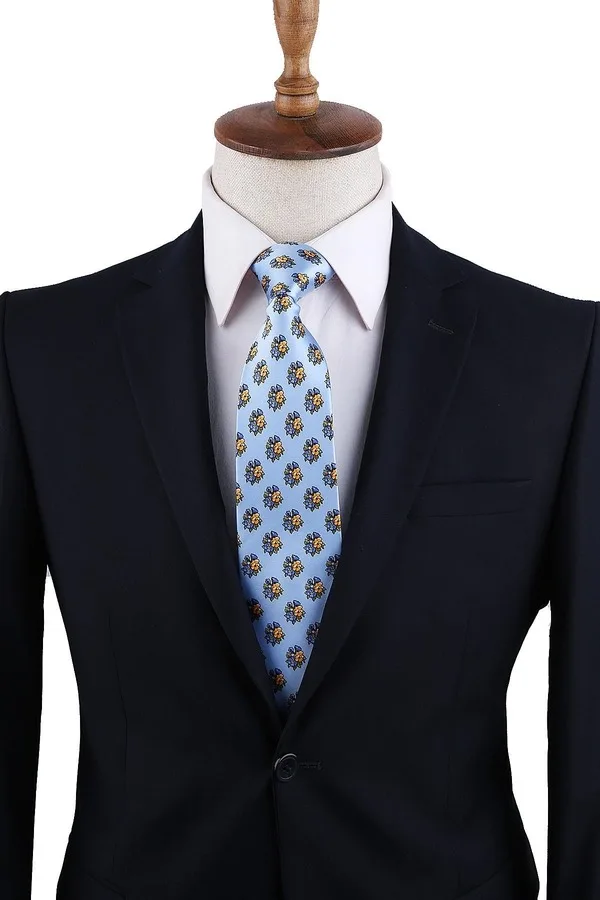 Blue Flower Pattern Printed Silk Tie İK616
