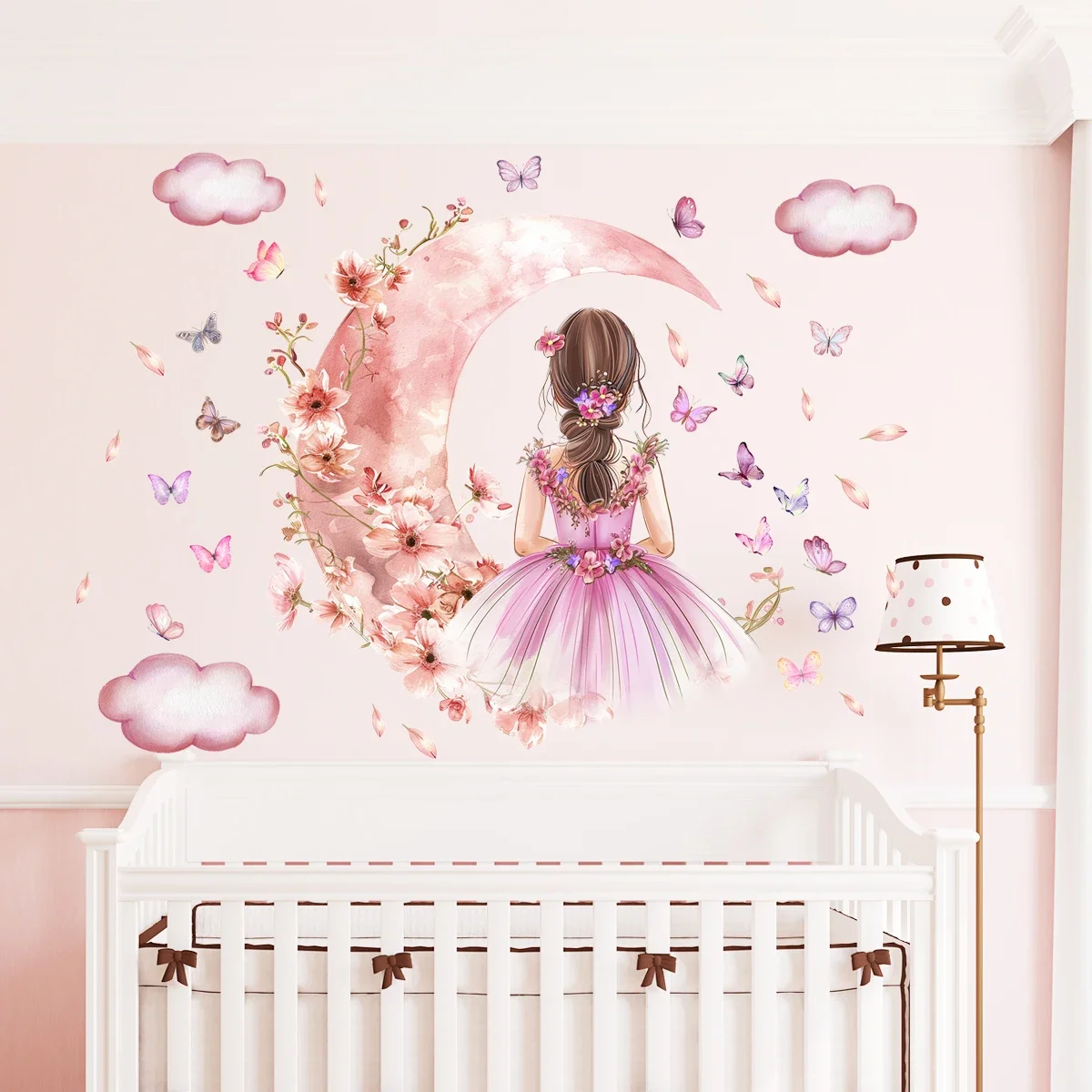 2Pcs Cloud Moon Girls Butterflies Wall Stickers for Bedroom Decoration Living Room Wall Decals Kids Baby Room Decor for Home