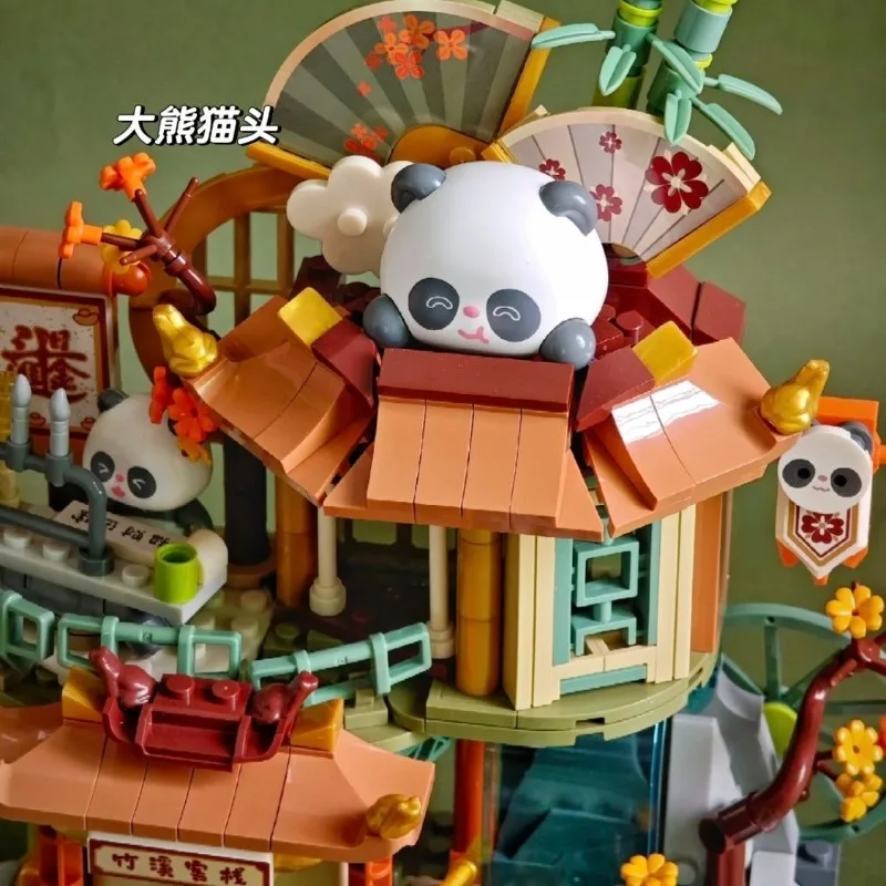 JAKI-bloques de construcción Panda Bamboo Creek Inn Street View, montaje de partículas pequeñas, juguete para niño y niña, modelo ornamental, regalo de Festival