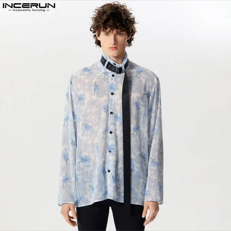 

INCERUN 2024 Men Shirt Printing Stand Collar Long Sleeve Chiffon Men Clothing Streetwear Transparent Loose Fashion Casual Shirts