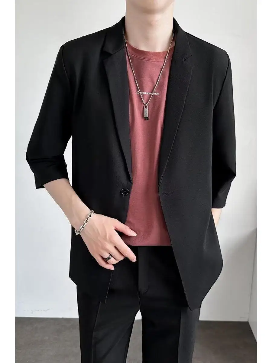 

Casual Men's Summer Thin ort Suit Korean Faion Five-Armor Single Western Jaet Hong Kong Sle Trendy Brand Outerwear