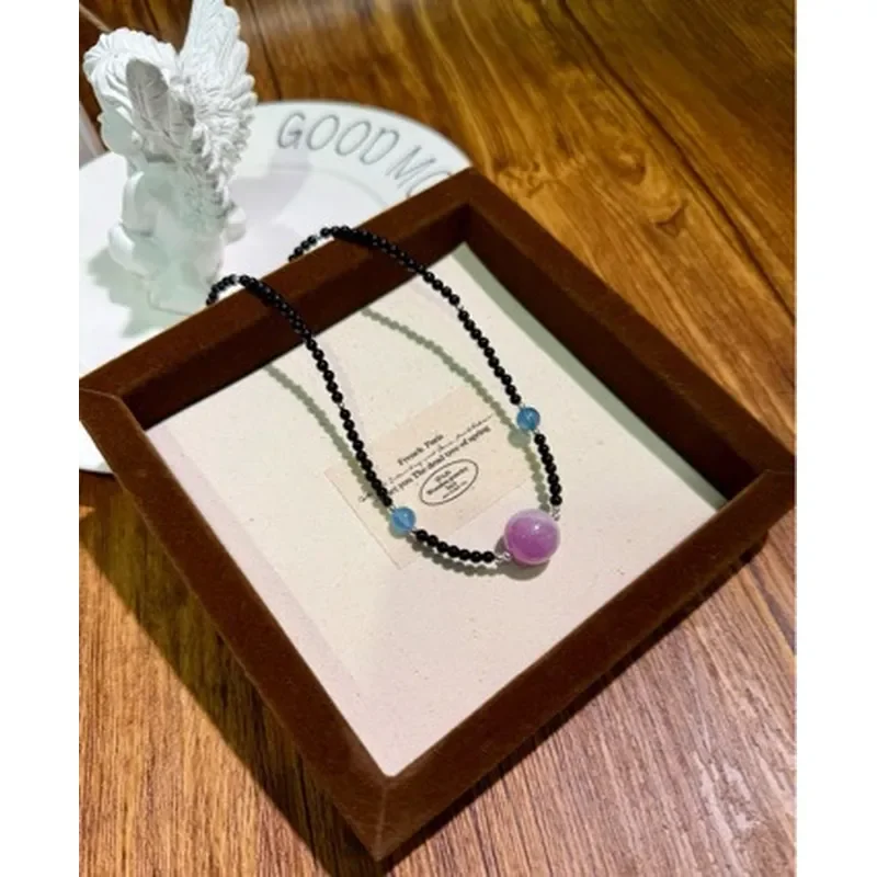 14Mm Purple Lithium Hui Sea Blue Treasure Obsidian Necklace Necklace Simple Design Light Luxury Dopamine Crystal Clavicle