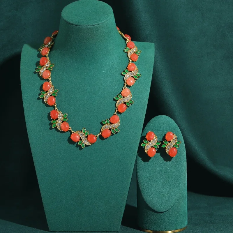 Vintage Pink Natural Stone Fruit Leaf Jewelry Sets For Woman Necklace Earring High Quality New Luxury Trendy Party Gifts 2026