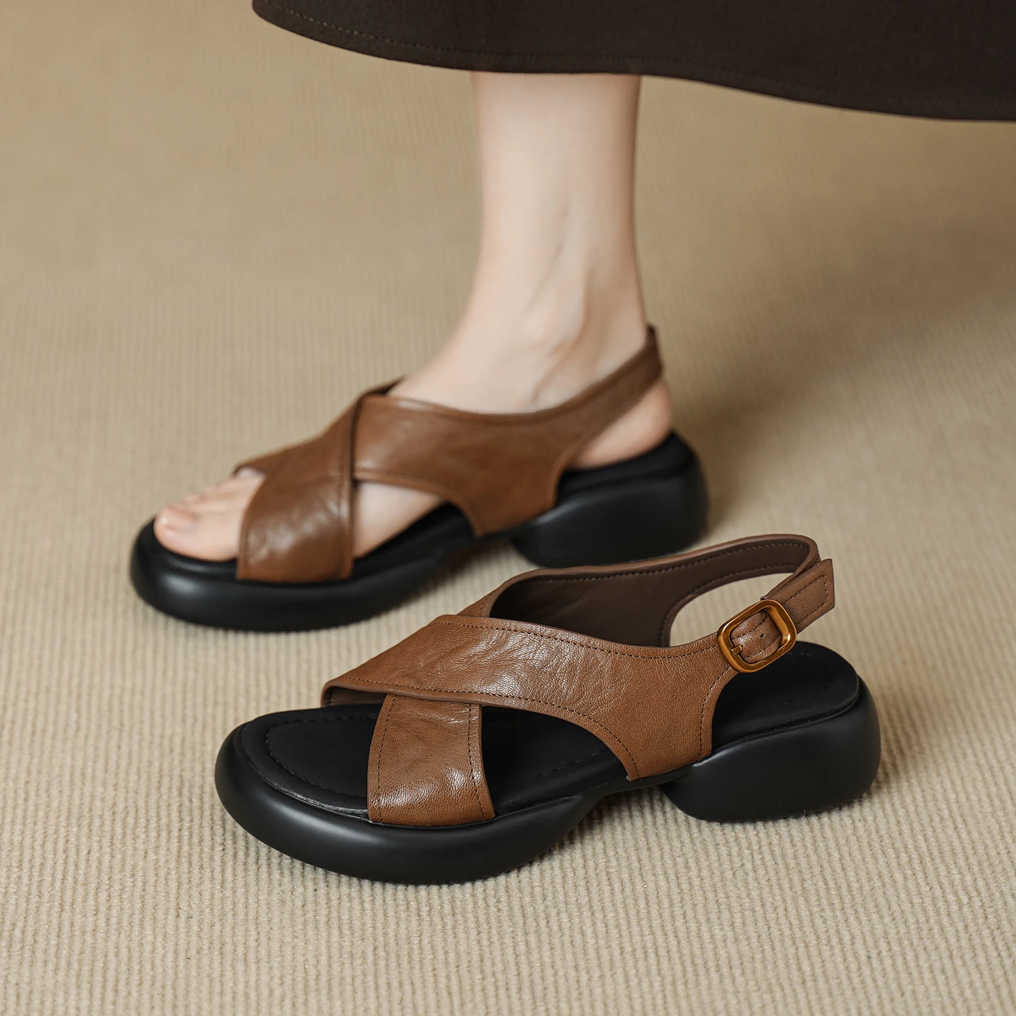

Genuine Leather Sheepskin Women's Sandals,Retro Roman Style Thick Heel Cross Strap Comfortable Summer Women Shoes