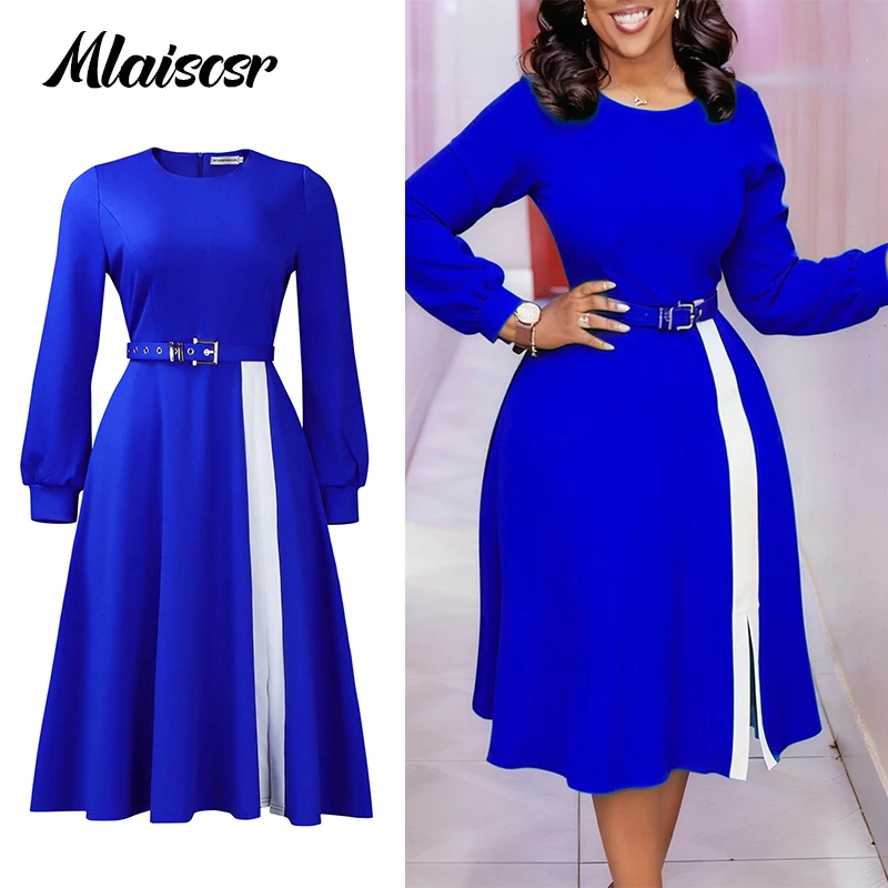 

Элегантное вечернее платье Mlaiscsr для женщин, с длинным рукавом, круглым вырезом, А-силуэта, с поясом, цветное, в стиле пэчворк, миди, женское африканское платье-роба