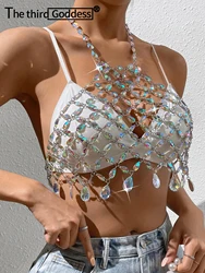 Sexy see through rhinestone Crop top women 2026 summer halter beach party tank top night Club rave outfits y2k streetwear Tops