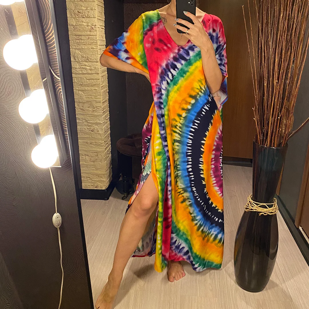 2026 Neues Buntes Kaftan-Tunika Strandkleid Strandmode Strandüberwurf Locker Sitzendes Maxikleid für Damen V4428 – Detail 4
