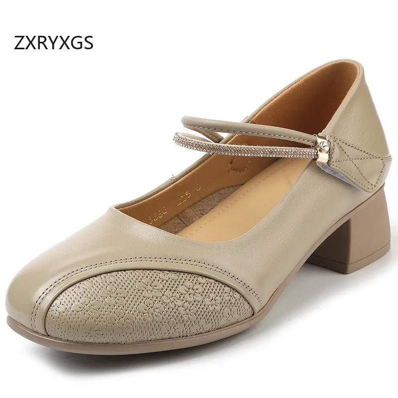 

ZXRYXGS темпераментные элегантные женские туфли на среднем каблуке 2021, высококачественная обувь из натуральной кожи, женские стильные туфли для банкетов, большие размеры