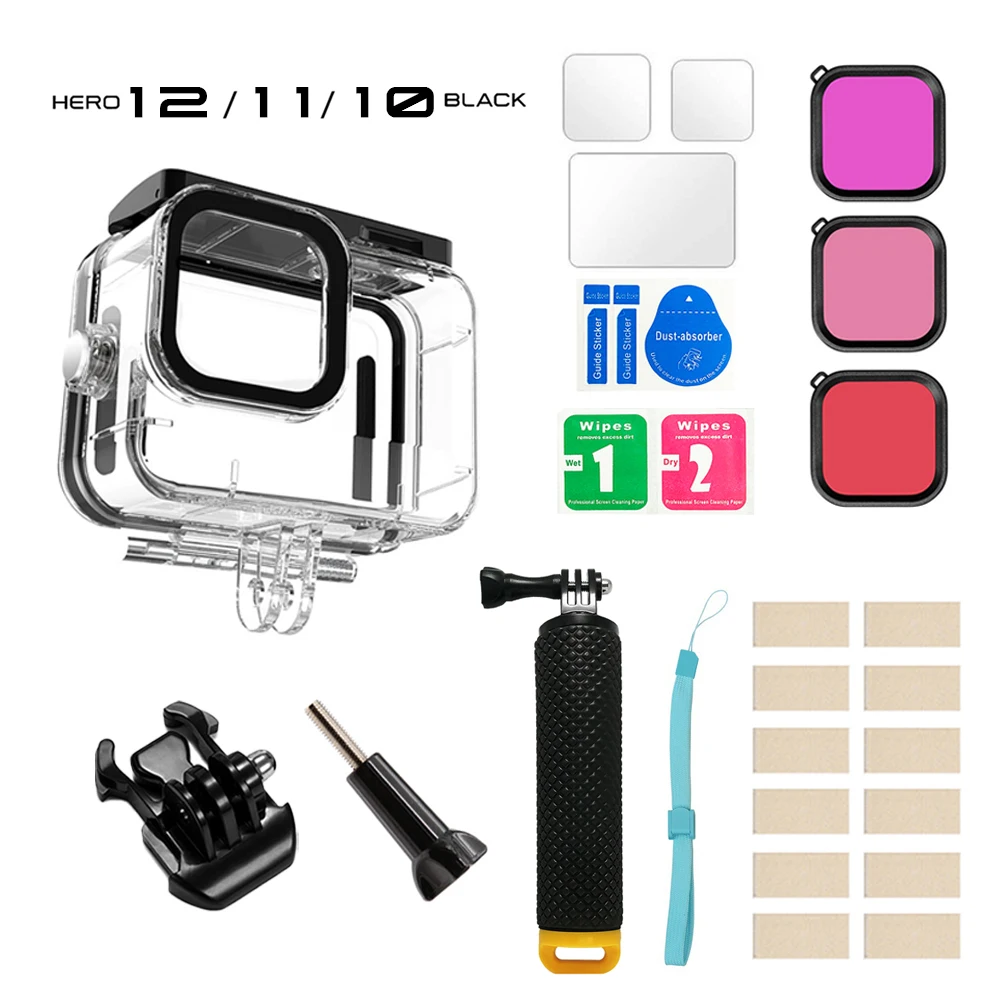 Waterproof Case for GoPro Hero 12 11 10 Black Housing with Anti Fog Inserts Temepered Glass Screen Protector Floating Hand Grip