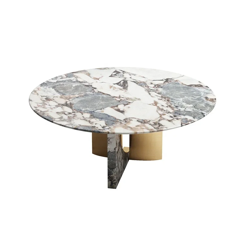 Round Gold Dining Table 6 Seats Modern Mirror While Marble Top Stainless Steel Frame Dining Table