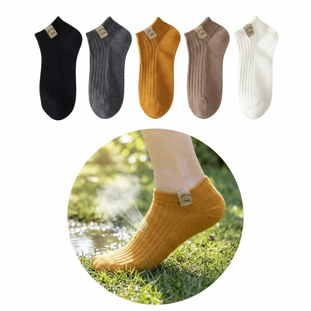 5 Pairs Ribbed Knit Men's Ankle Socks Solid Color Sweat-absorbing No Show Socks Breathable Elastic Cuff Low Cut Ankle Socks