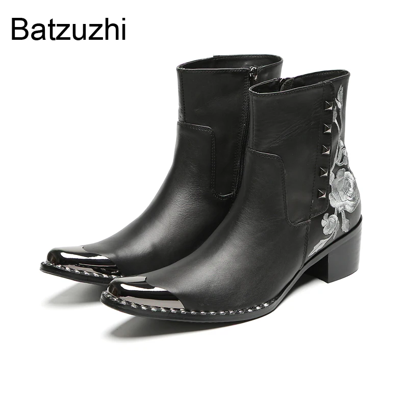 

Batzuzhi Black Leather Ankle Boots Man 6.5cm Men's High Heel Boots Shoes with Iron Toe Leather with Flowers Print Knight Boots