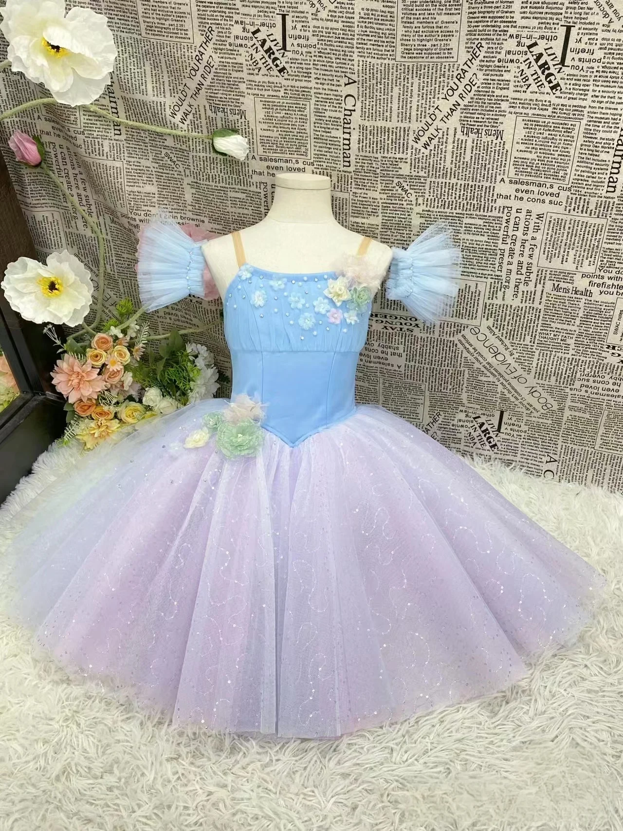 Newly launched blue 3D three-dimensional flower design romantic ballet dress TUTU performance competition costume specially tail