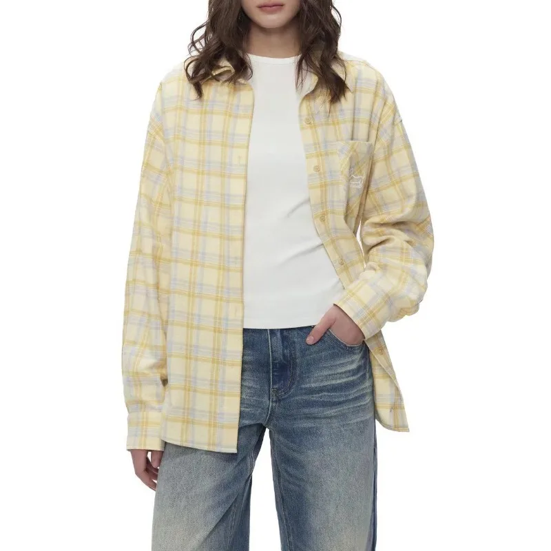 Korean Style Spring Autumn Women Yellow Plaid Shirt Y2K Streetwear Checkered Blouse Casual Sun Protection Outerwear Female Tops
