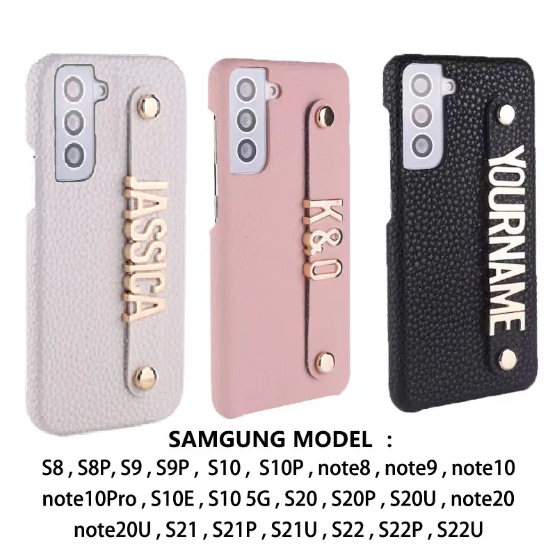 Custom Pebble Grain Leather Phone Case Gold Silver Initial Name Samsung S8 S21 S8plus Note21 Note8plus Pro Personalization