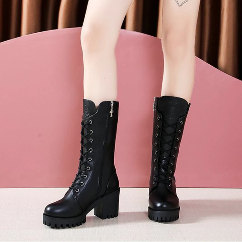 European and American High-heeled Mid Length Boots 2024 Autumn New Style Simple Square Heel Anti Slip Temperament Women's Boots - Image 5