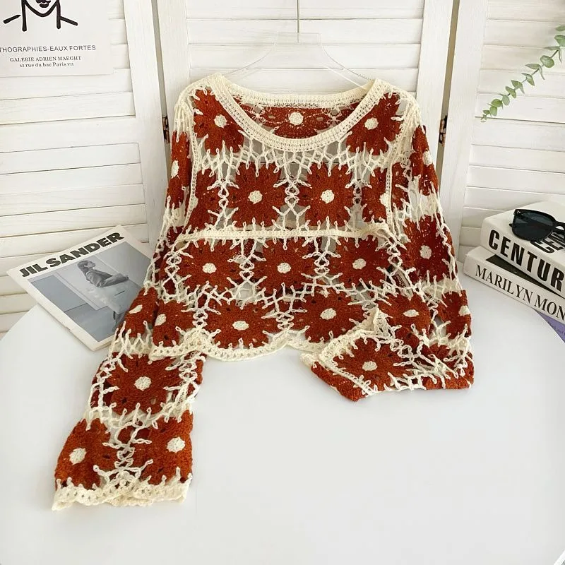 المرأة الصيف سترة طويلة الأكمام الكروشيه الجدة س الرقبة المفتوحة متماسكة المحاصيل سترة أعلى البلوز لاعبا بوهو شاطئ عطلة الزي #5