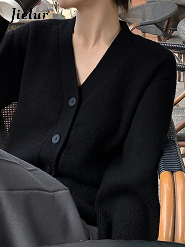 Jielur-Cardigan fino monocromático para mulheres, cardigã doce solto, preto e cáqui, malha branca, francês, novo, outono