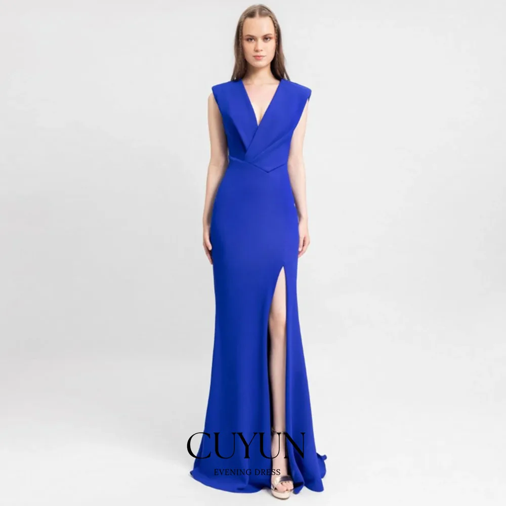 

CUYUN Customized Royal Blue Mermaid Evening Dresses Formal Dinner V-Neck Sleeveless Wedding Party Guest Dresses with Side Slit