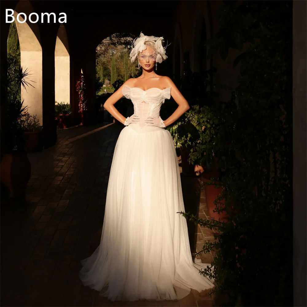

Booma A-Line Elegant Strapless Pleat Lace Wedding Dresses Simple Tulle Sleeveless Long Brides Gown Custom Made 2025
