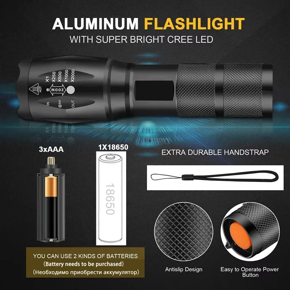 ESMARTER LED Flashlight Ultra Bright Torch L2/V6 Camping Light 5 Switch Mode Waterproof Zoomable Bicycle Light Use 18650 Battery