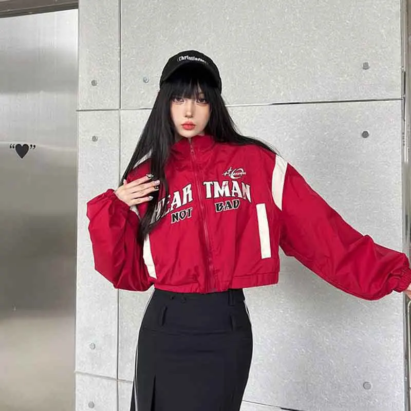 Y2K Letter Embroidery Women Short Jackets Fall Loose Hip Hop Long Sleeve Zipper Bomber Coat Korean Streetwear Casual Outwears