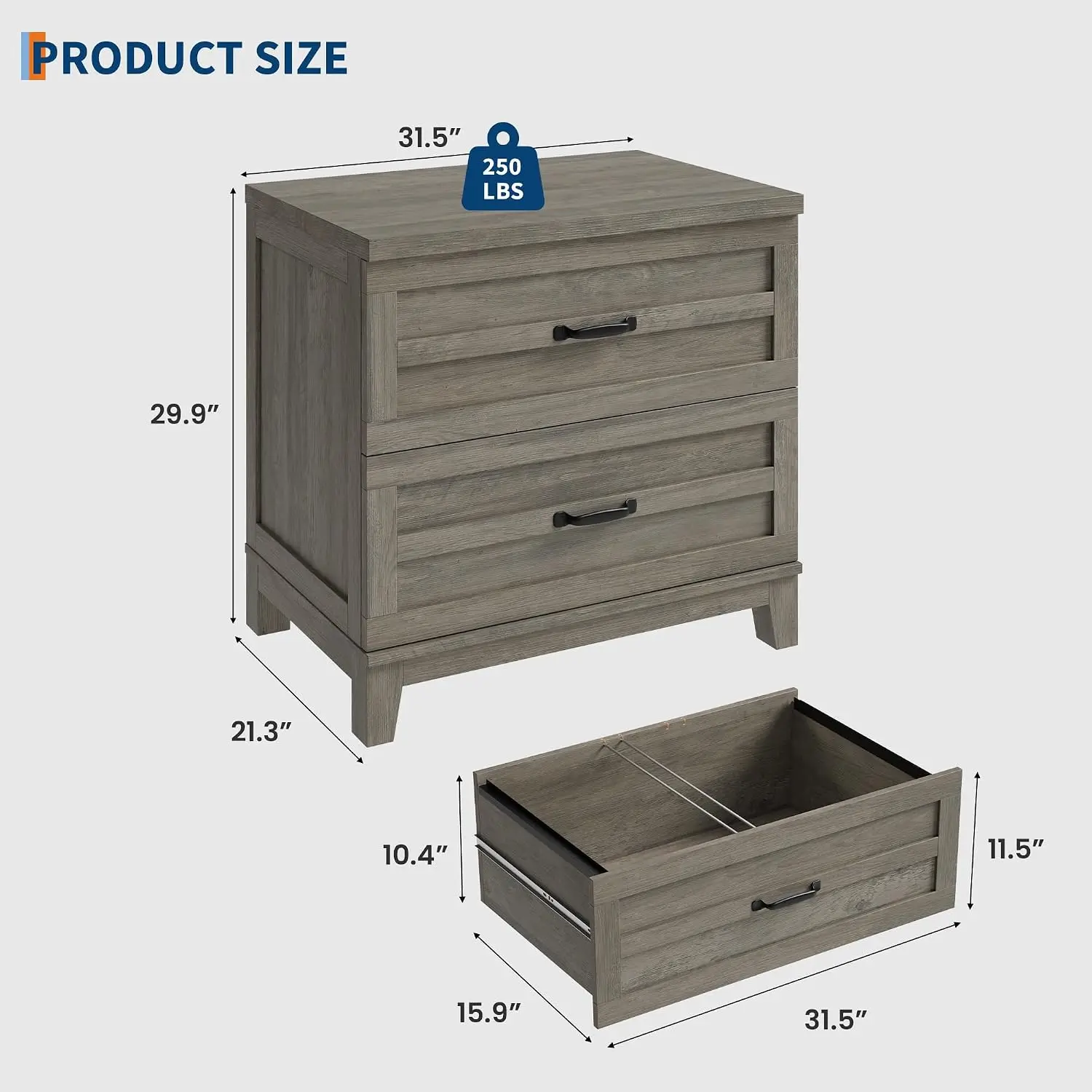 2 Drawer Farmhouse File Cabinet, Wood Storage Fits Legal A4 Files, Organizer & Printer Stand with Heavy Frame, Grey, Customized
