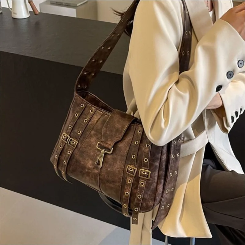 JIAERDI Y2k Grunge Brown Shoulder Bags Women Vintage Pu Leather Messenger Bag Handbag Female Retro Large Capacity Tote Bag Chic