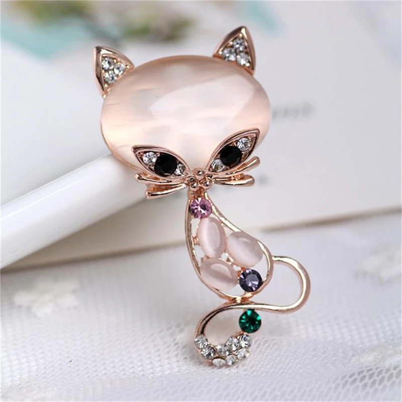 Fashion Women Fox Shape Opal Brooch Colorful Rhinestone Dress Decorative Pin