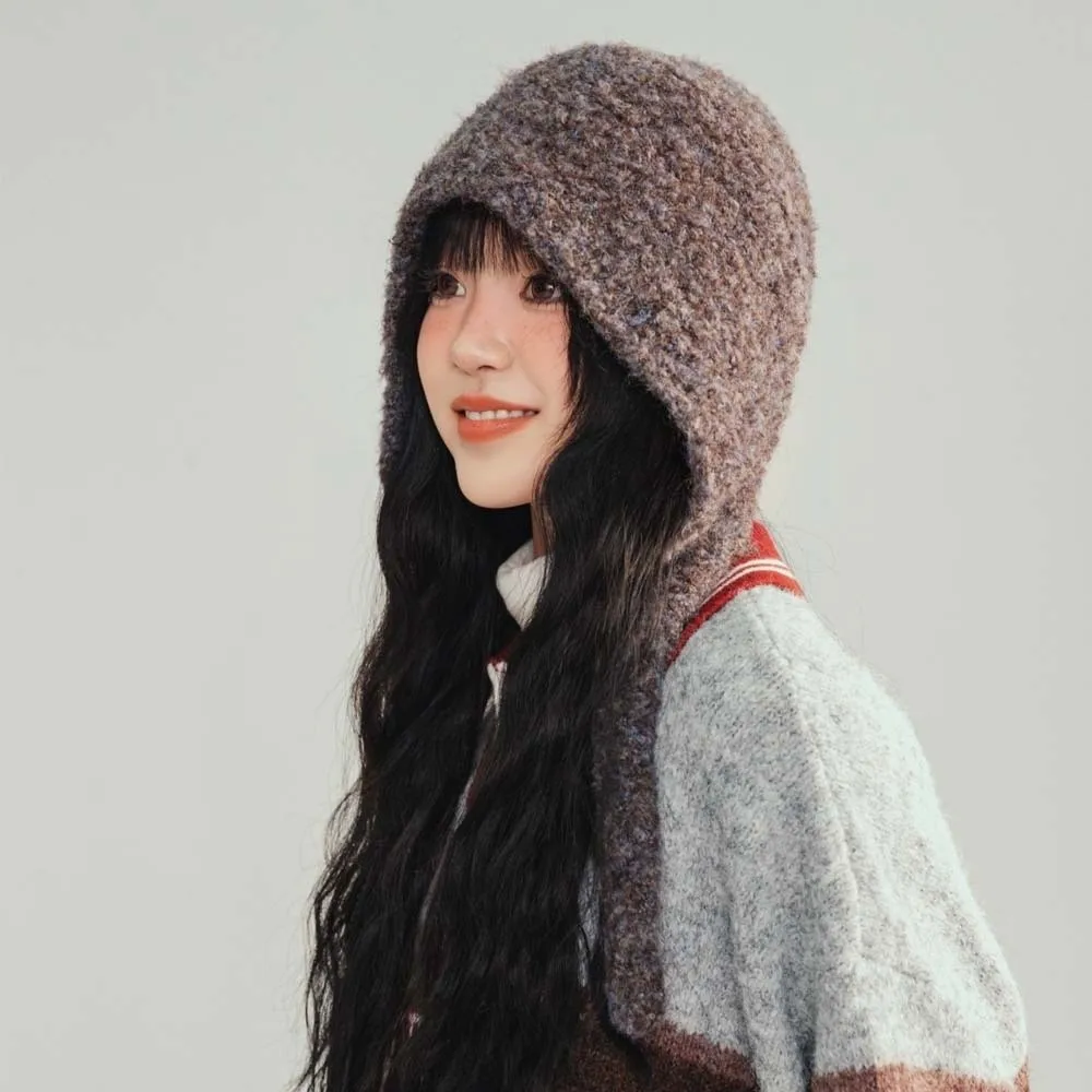 

Acrylic Fibers Knitted Hooded Cap Double Side Triangular Neck Collar Beanies Cap Solid Color Thickened Winter Neckerchief Hat