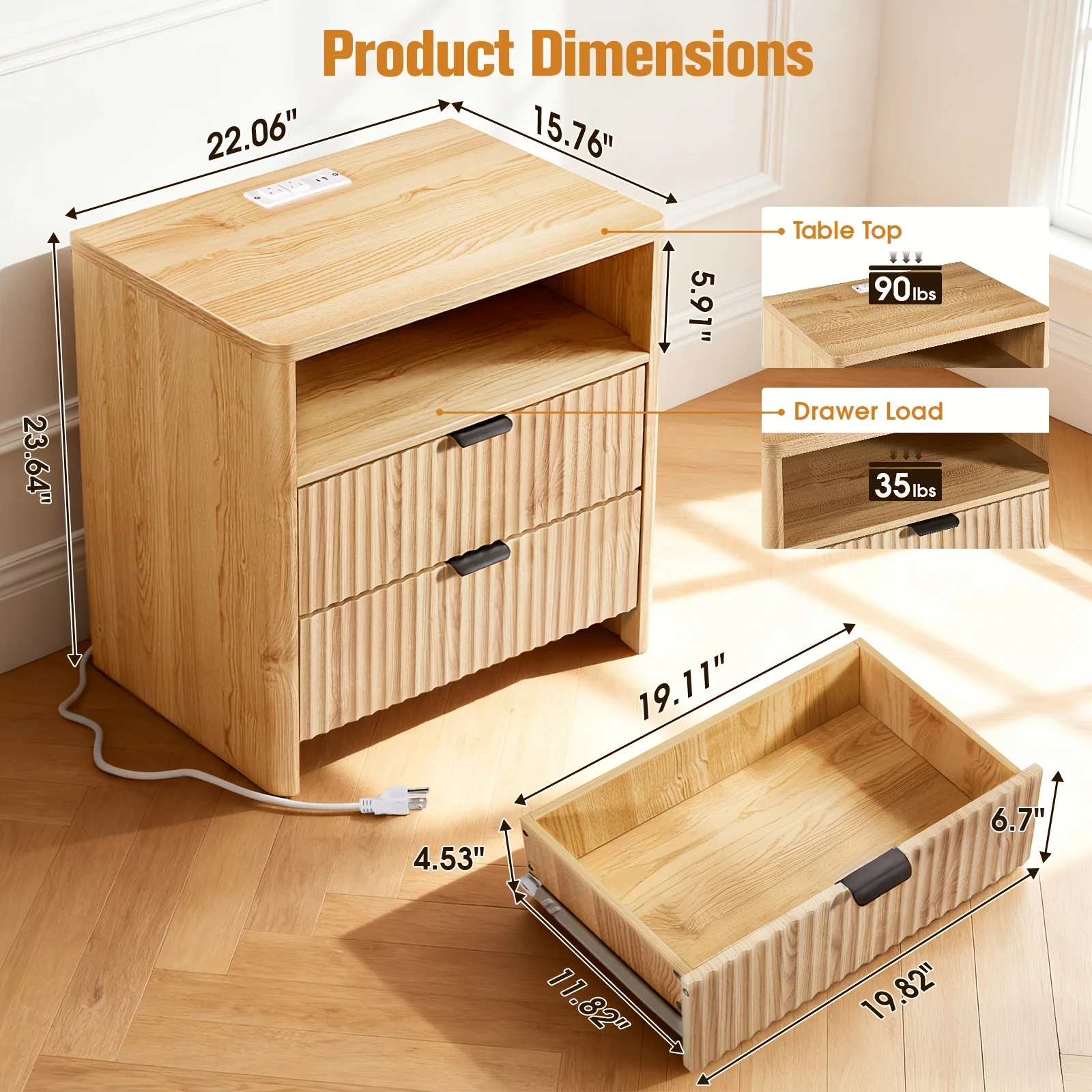 

Set of 2 Premium Nightstands, Contemporary Night Tables Featuring a Charging Station, 2 Drawers with Grooved Wooden Front