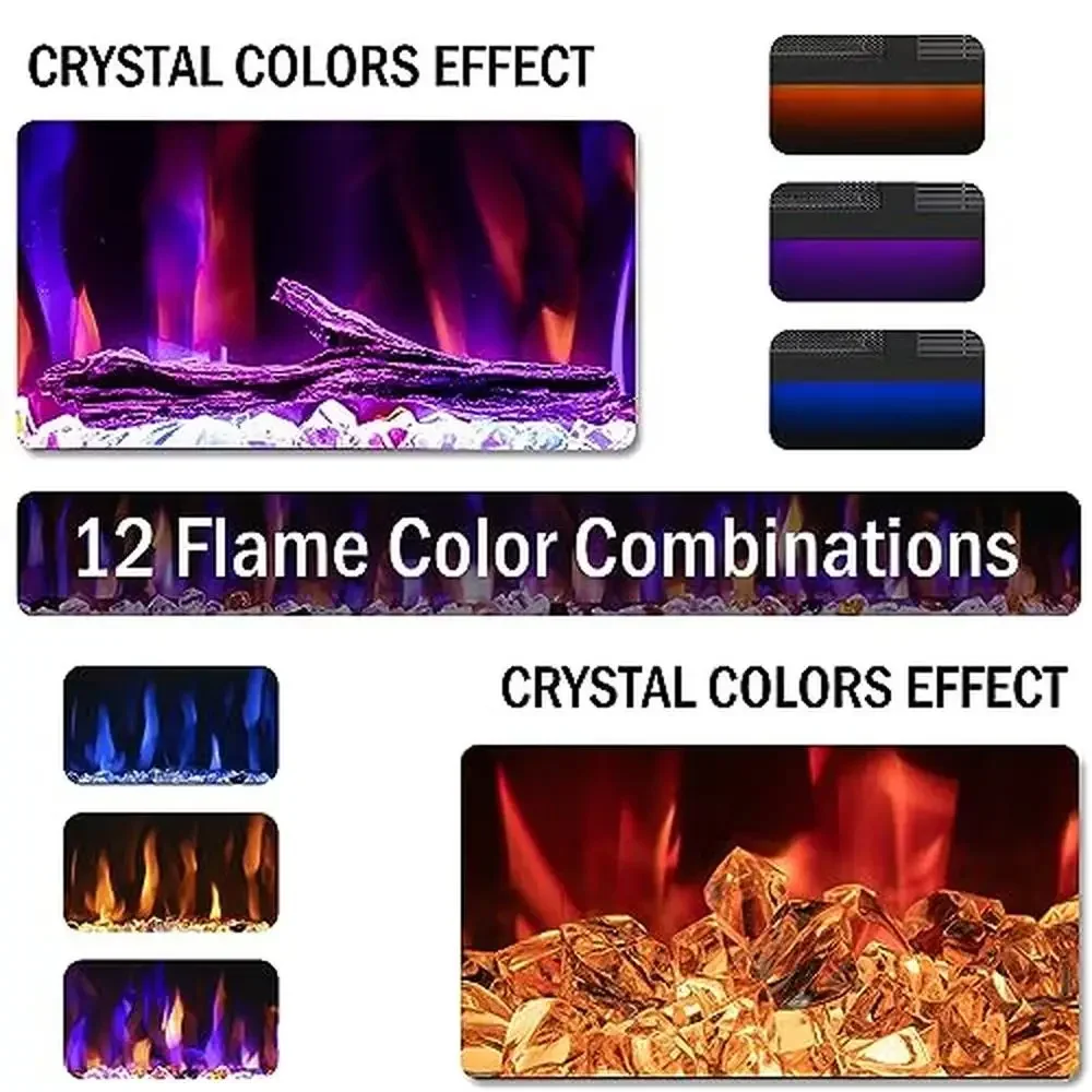 72" Electric Fireplace Wall Mounted Multicolor Flame Log Crystal Hearth 1500/750W Ultra Slim Frame LED Lights Remote Control