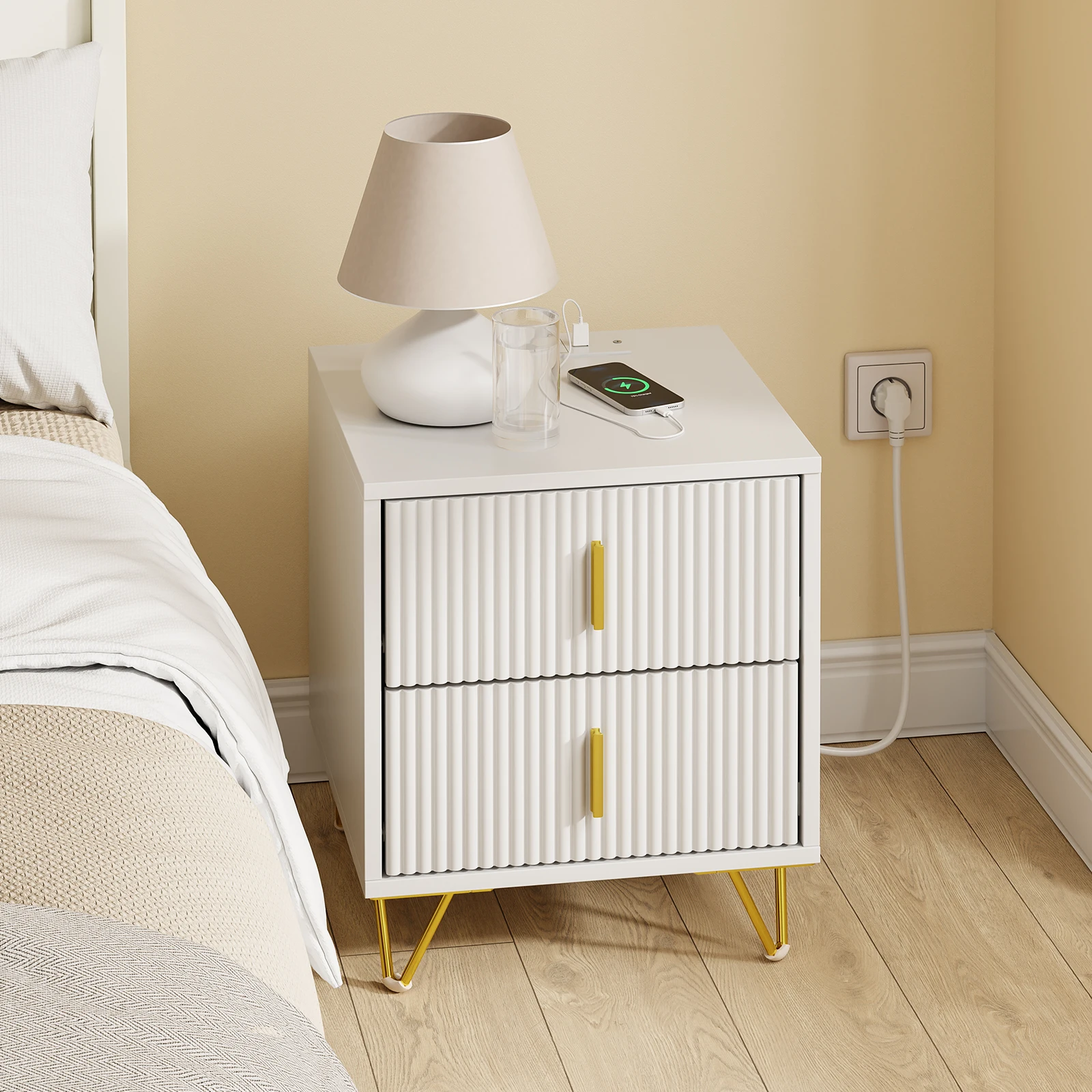 SoBuy FBT115-E-W Mesita de Noche con Función de Carga, Mesilla de Noche con 2 Enchufes, USB y Type-C, Mesa Auxiliar Bedside Table para Dormitorio y Sala de Estar, Blanca, 40 x 40 x 47 cm