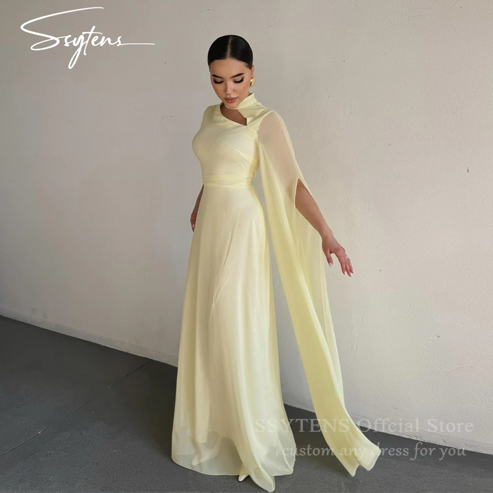 

SSYTENS Halter Yellow Evening Dresses Dubai Chiffon Party Gowns Saudi Long Sleeves Floor Wedding Guest Prom Dresses Customized