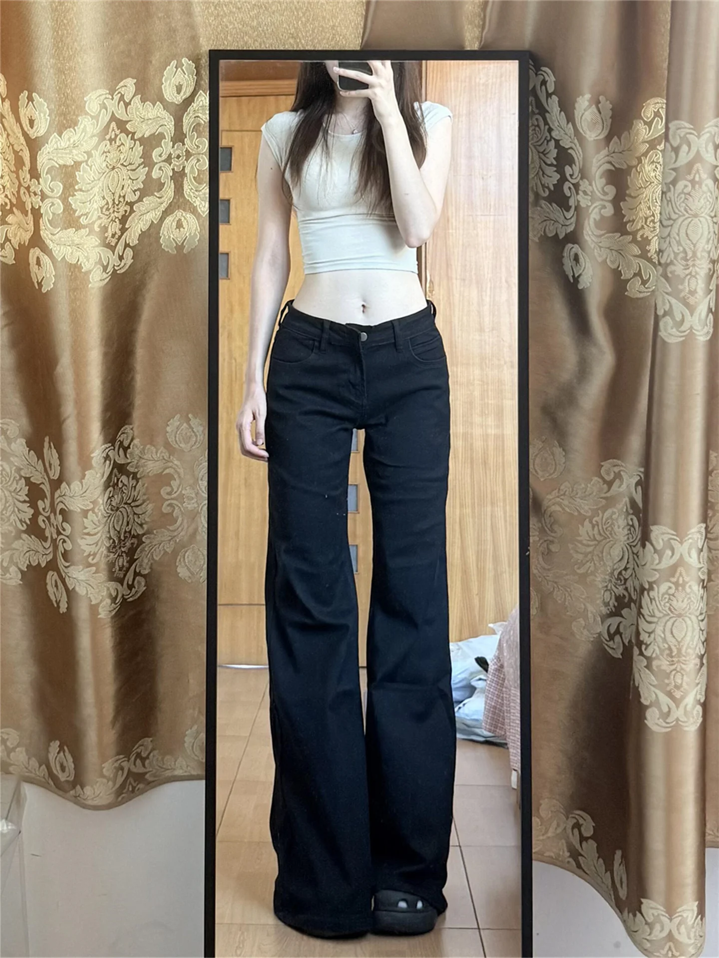 

American Style Y2K Loose Long Bell Bottom Jeans Women's Spring Black Denim Pants Slimming Floor Length Casual Low Waist