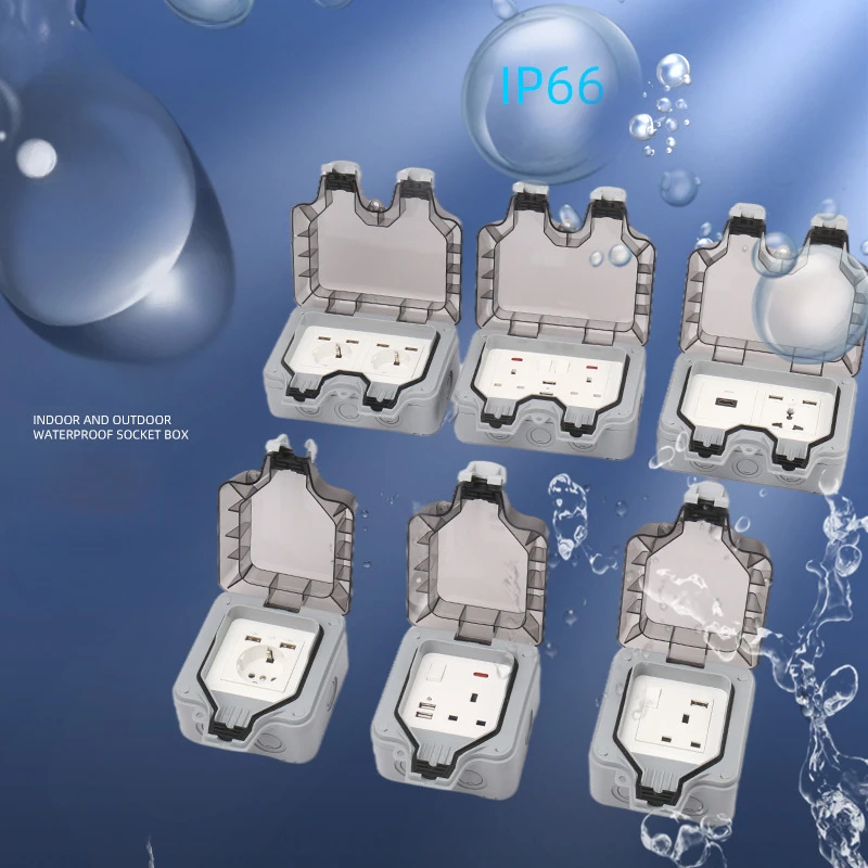 IP66 Waterproof Outdoor Garden Pool Wall Socket Dual French Polish Universal British Standard Socket Dual USB Charging Port 2.1A