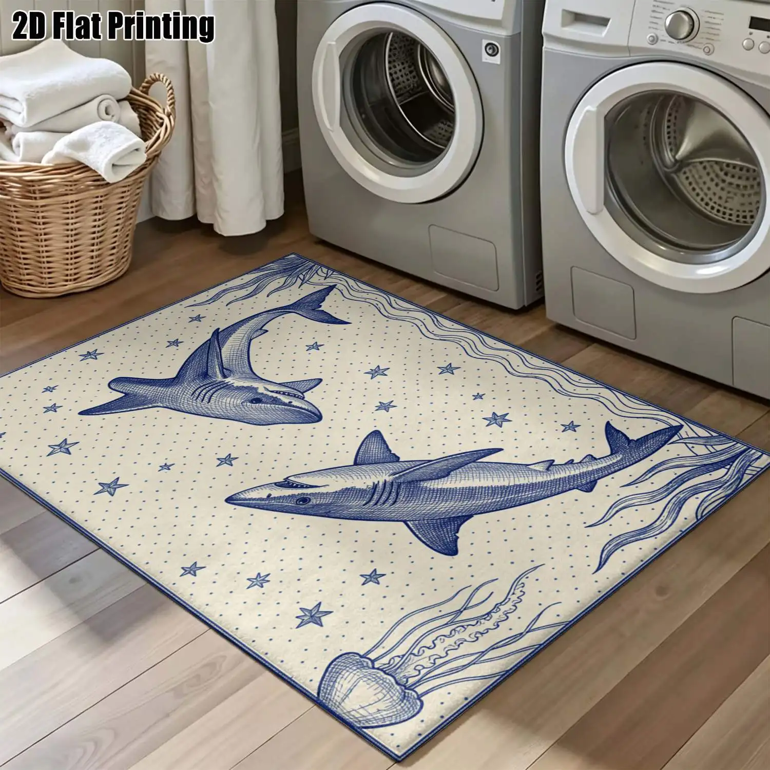 1Pc 2D Printed Carpet: Blue-White Ocean Shark Pattern, Retro Modern Minimalist Home Decor Rug, Multi-Size, Machine Washable, for Entrance, Dining, Foyer, Bedroom, Study, Living Room