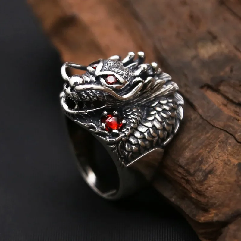 Men 3D Dragon Head Wide Ring Inlaid Red Crystal Eye Scale Textured Stainless Steel Punk Biker Finger Jewelry