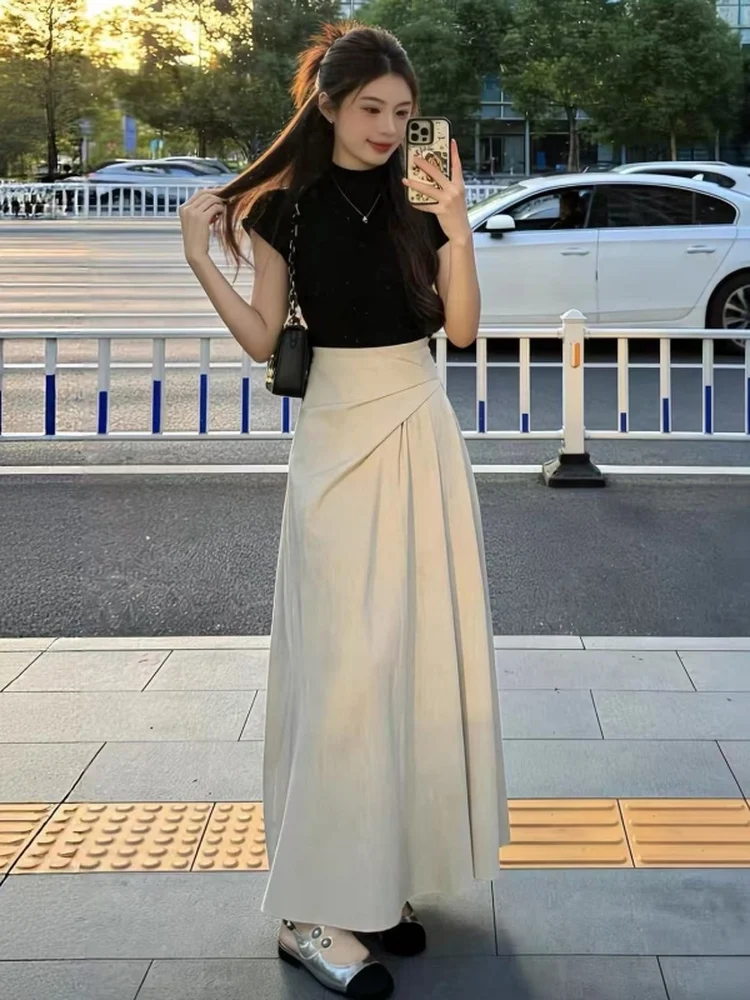 

Корейский стиль: женский летний модный комплект из футболки и юбки с высокой талией, с коротким рукавом и круглым вырезом, для весны и осени