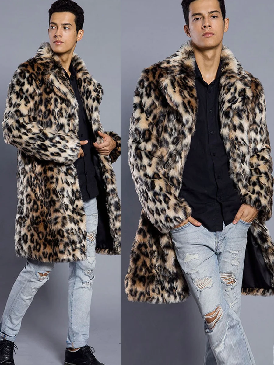 2026 Autumn Winter Men's Faux Fur Large Lapel Fur Long Men's Faux Fur Jacket Men's Overcoat Mens Clothing Leopard Thick Coat