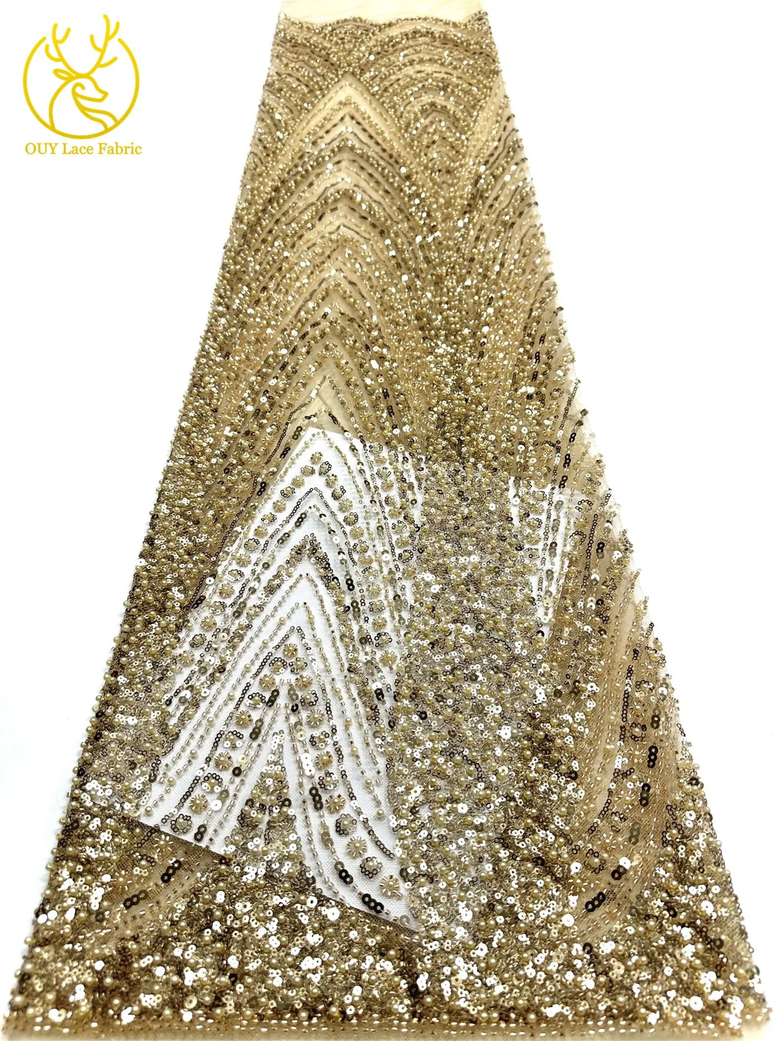 Luxuriöser Goldener Afrikanischer Bräutigam-Spitzenstoff mit Stickerei und Perlen, 5 Meter Französischer Tüll-Spitzenstoff für Nigerianische Hochzeitskleider – Detail 13