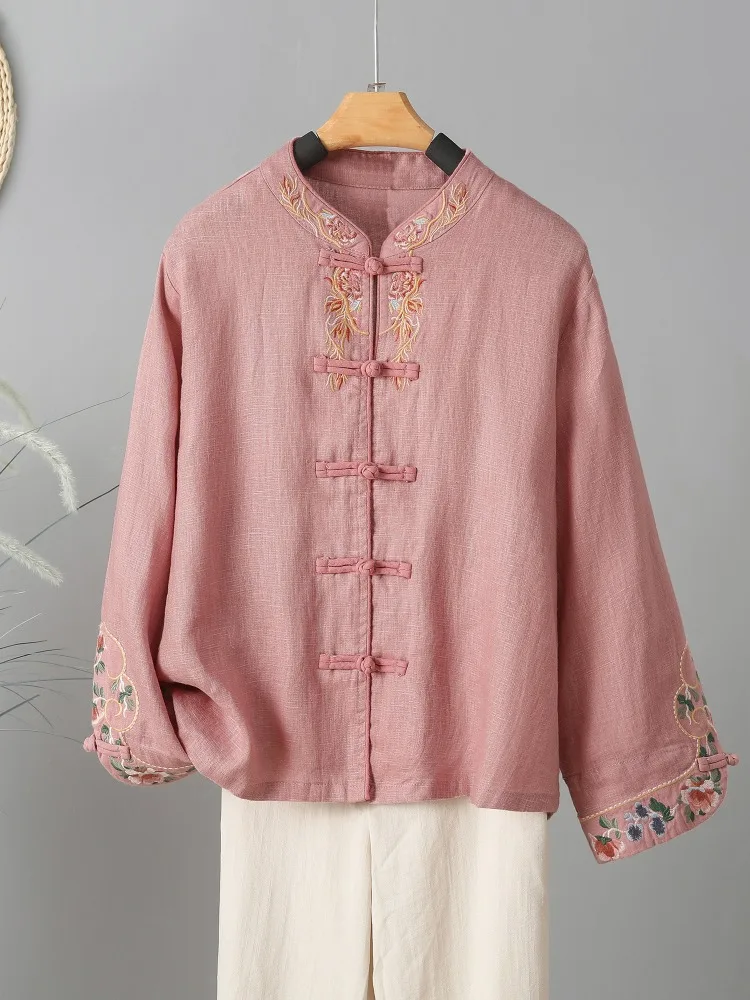 Spring Chinese Style Vintage Embroidery Cotton Linen Long Sleeve Shirts For Women Elegant Temperament Tang Suit Female Thin Tops