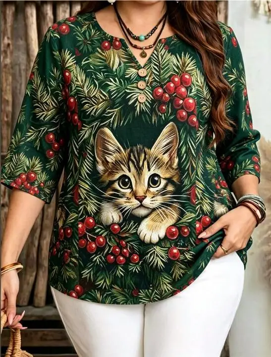 Christmas Animal Print Plus Size Blouses Notch V Neck Wooden Buttons 3/4 Sleeve Pine Berry Winter Holiday Loose Tops